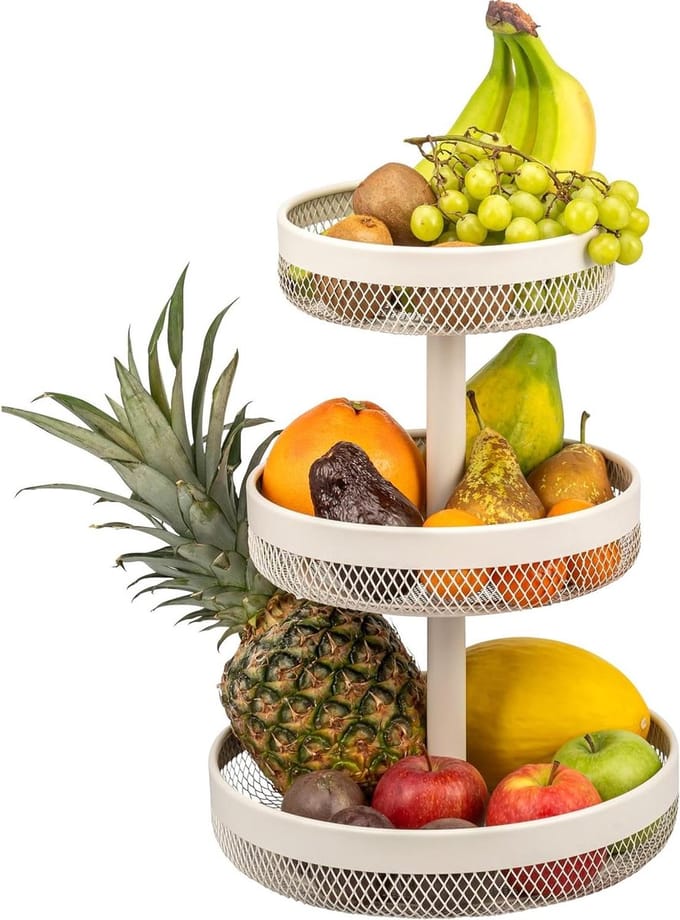 Fruit etagère - Opbergmand - Keuken organiseren - Drie niveaus - 30 cm diameter - Beige