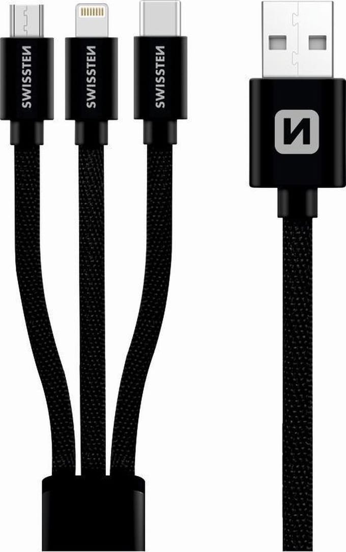Swissten 3 in 1 kabel - Micro USB / USB-C / Lightning MFI Gecertificeerd Kabel - 1.2M - Zwart