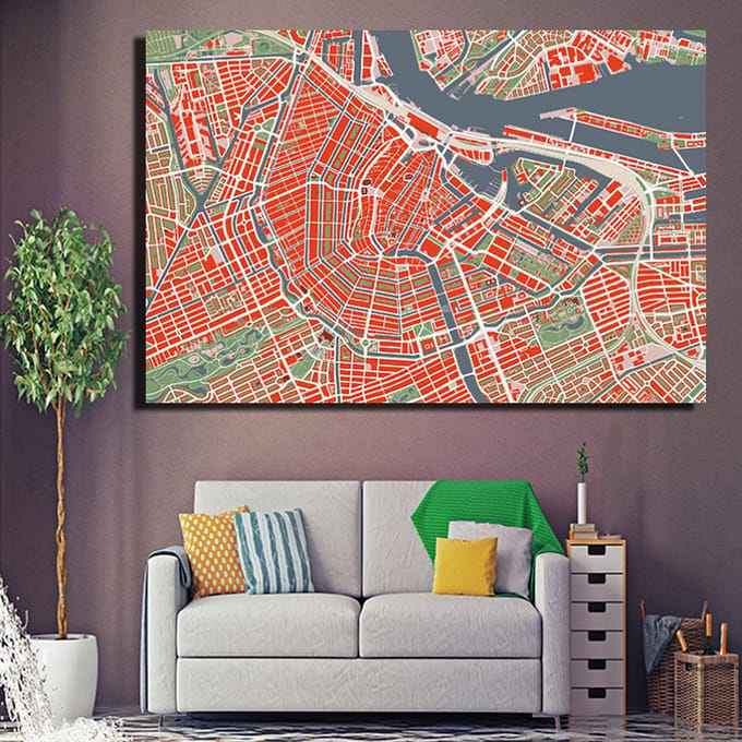 Allernieuwste.nl® Canvas Schilderij Binnenstad Amsterdam Centrum - Kunst aan je Muur - Modern - kleur - 40 x 60 cm