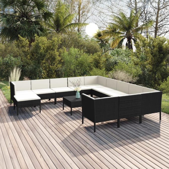 vidaXL - 13-delige - Loungeset - met - kussens - poly - rattan - zwart