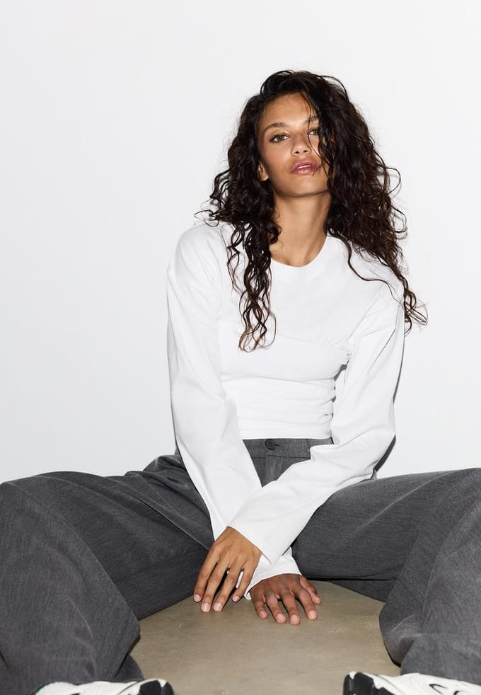Stradivarius T-shirt met lange mouw en plooi  Wit M