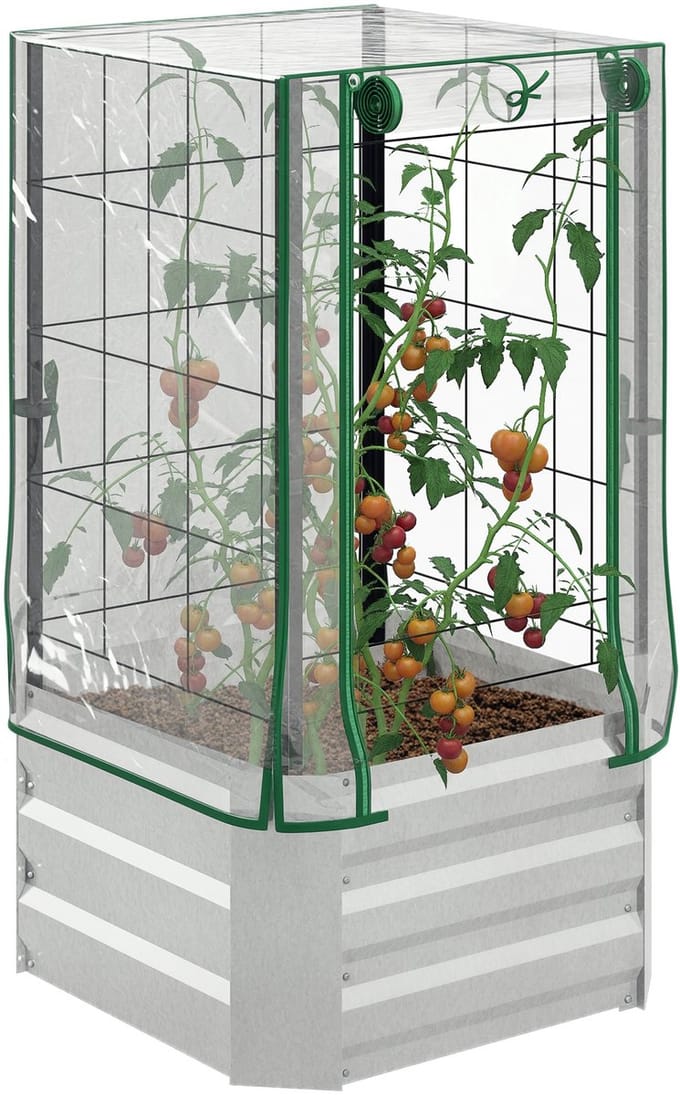 Killogood Verhoogde bak - kas - 3-delige set - met latwerk - plastic afdekking - 53 x 53 x 90 cm