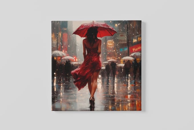 Vierkant Canvas Schilderij - Vrouw in de Regen - Kunst - 60x60x2 cm