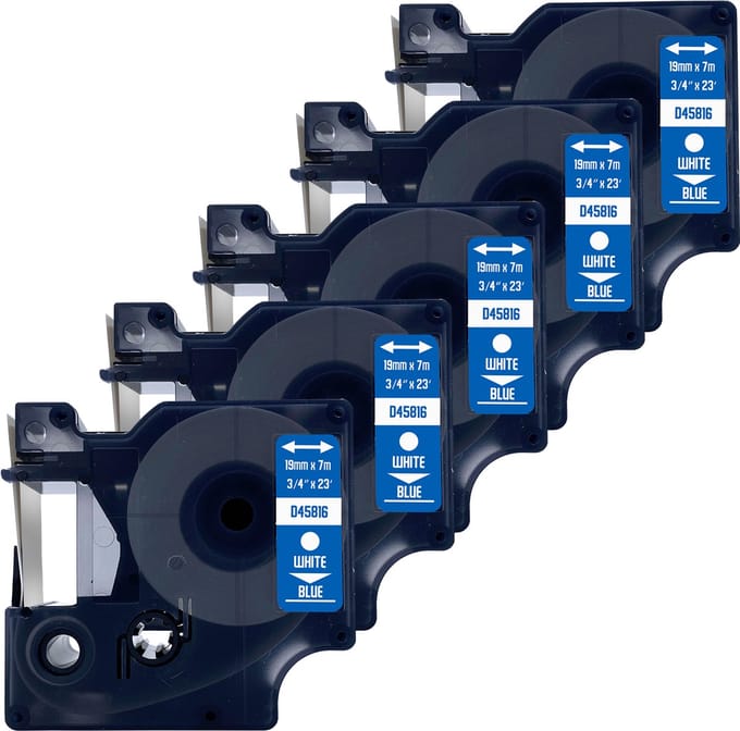 DULA Dymo D1 45816 Compatible label tape - 5 lettertapes - Wit op blauw - 19mm x 7m