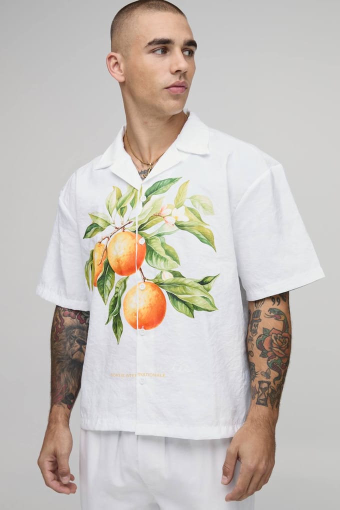 Oversized Boxy Shirt Met Fruitprint En Reverskraag | White | Size Small