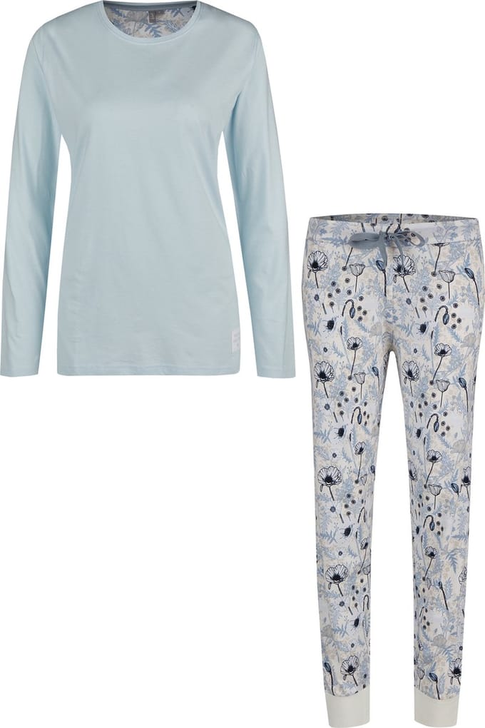 By Louise Dames Pyjama Set Jersey Katoen Gebloemd Lichtblauw - Maat S