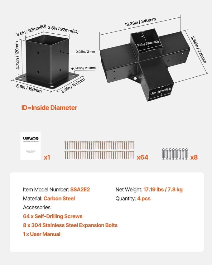 Kit de Support de Pergola, 4x4 Pouces (Taille intérieure 92 x 92 mm), 2 Pièces Support d'Angle Robuste à 4 Voies Menuiserie Bricolage Kit de Base pour Poteau, Installation Facile Bois