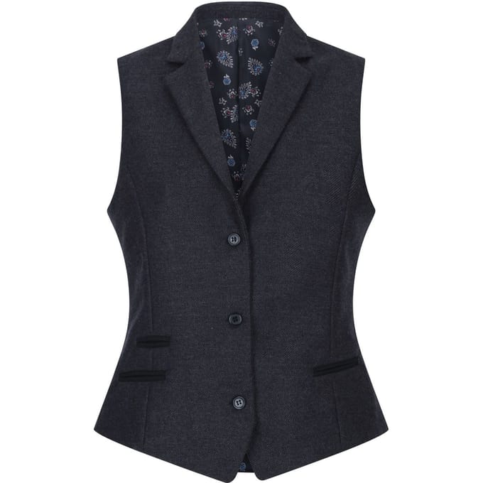 Dames zwart visgraat tweed gilet wolmix vest