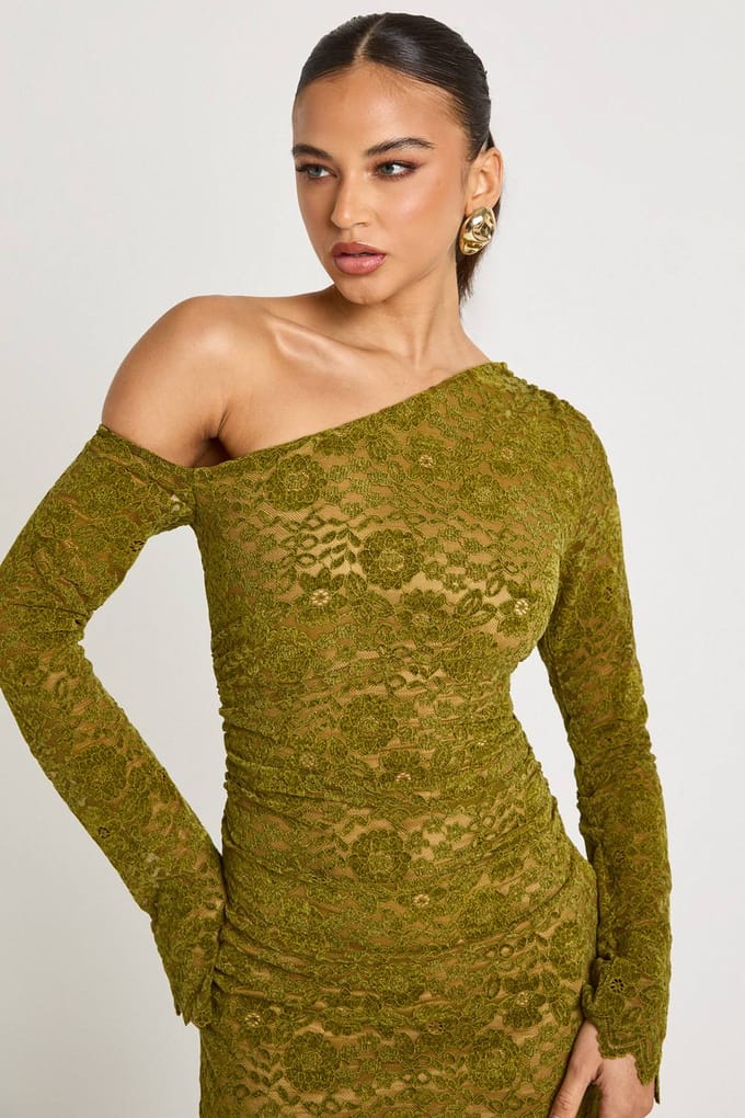 boohoo Dames Fluwelen kant lange mouw mini-jurk | Groente | Maat: 44