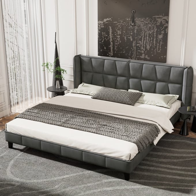 REDOM Bedframe 180x200 cm, gestoffeerd fluweel met hoofdbord en lattenbodem, grijs, modern ontwerp
