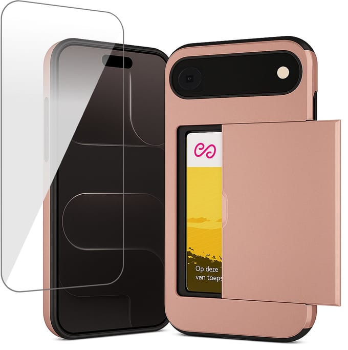 Hoesje met Pasjeshouder geschikt voor iPhone 17 Air - Screen Protector GlassGuard - Back Cover SlideCase Roségoud & Screenprotector