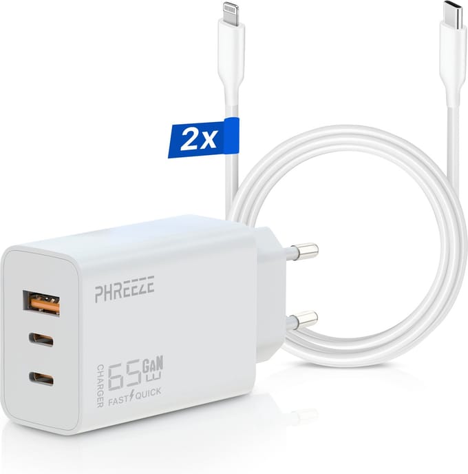 65w usb adapter geschikt voor Apple iPhone 14 / iPhone 13 / iPhone 12 / iPhone 11 / iPhone X + 2x Lightning naar USB-C kabel 3m - 3 poorten usb & usb C oplaadstekker