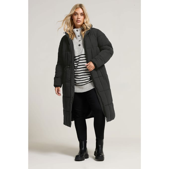 Yours Zwarte Gewatteerde Midi Pufferjas Size 42
