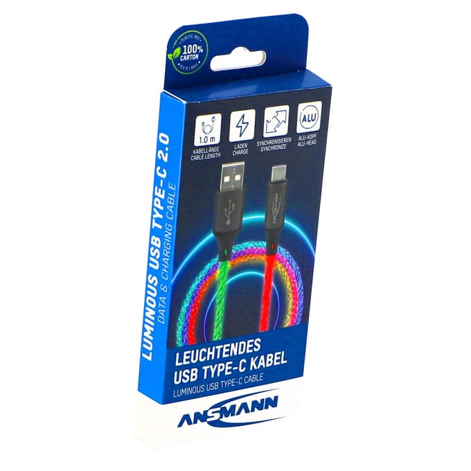 Ansmann USB-C kabel met LED verlichting - kleurrijke oplaadkabel 100cm.