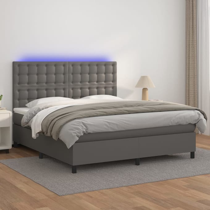 vidaXL - Boxspring - met - matras - en - LED - kunstleer - grijs - 160x200 - cm