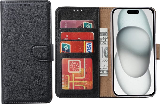 Hoesje Geschikt voor iPhone 15 – Arara bookcase met pasjeshouder- Zwart