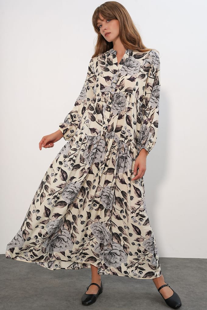 Bloemen Maxi Jurk Met Mandarin Kraag