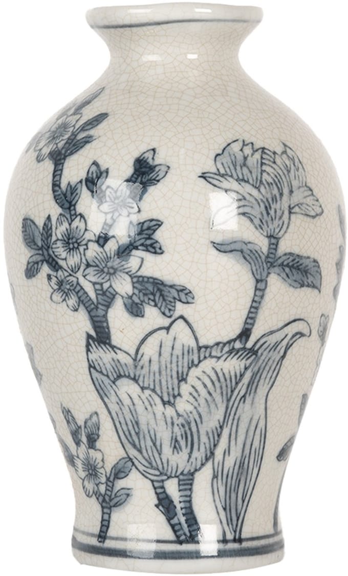 Clayre & Eef Vaas Ø 9x15 cm Wit Blauw Keramiek Bloemen