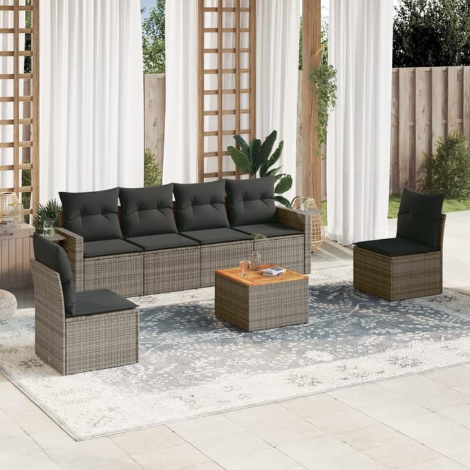vidaXL - 7-delige - Loungeset - met - kussens - poly - rattan - grijs