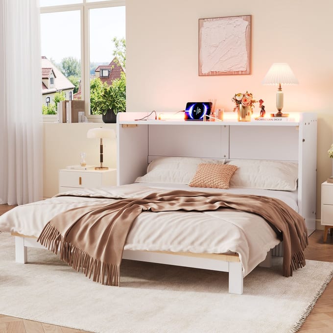 MODFU - Opklapbed - Met Laden En Ledverlichting - Modern - MDF En Hout - Wit - 140 x 200 cm
