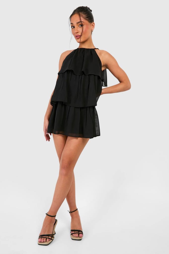 boohoo Dames Petite Chiffon Gelaagde Mini-Jurk | Zwart | Maat: 44