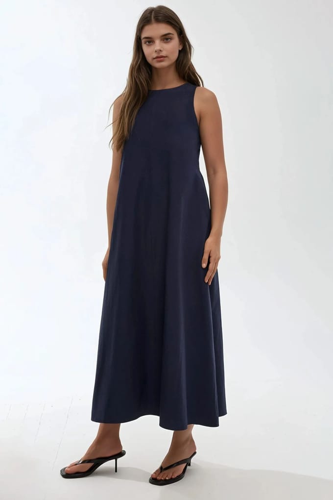 Mixray Collectie Crew Neck Mouwloos A-Form Maxi Jurk