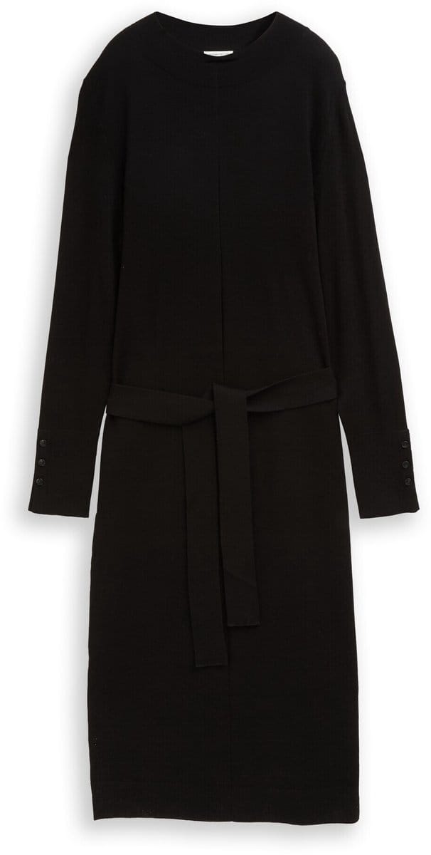 Tom Tailor - Getailleerde midi-jurk met riem - Maat 42 - deep black
