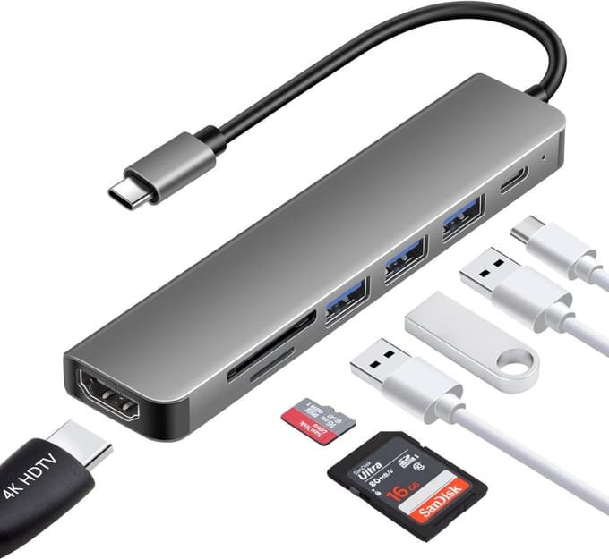 SNJY® Docking Station Laptop - USB-C Hub - Docking Station USB-C - 7-in-1 - Grijs