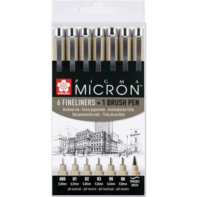 Fineliner sakura pigma micron 6 stuks met brushpen