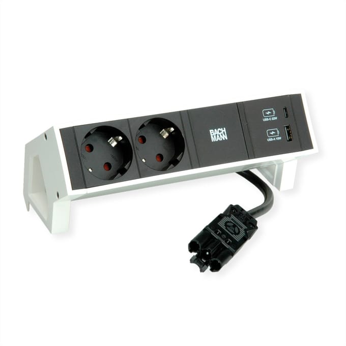 BACHMANN DESK2 2xbeschermend contact USB A&C, USB-lader 22W 0,2m GST18 wit