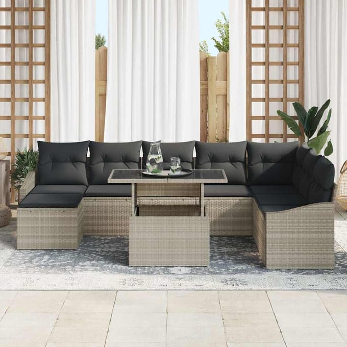 vidaXL Bankstel met kussen met opslag 9 pcs Lichtgrijs poly rattan