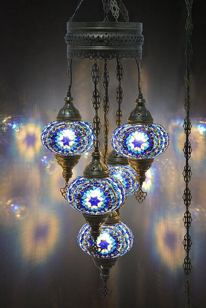 Turkse hanglamp - mozaïek glas blauw - 5 bollen - hoogte 110 cm - E-14 fitting