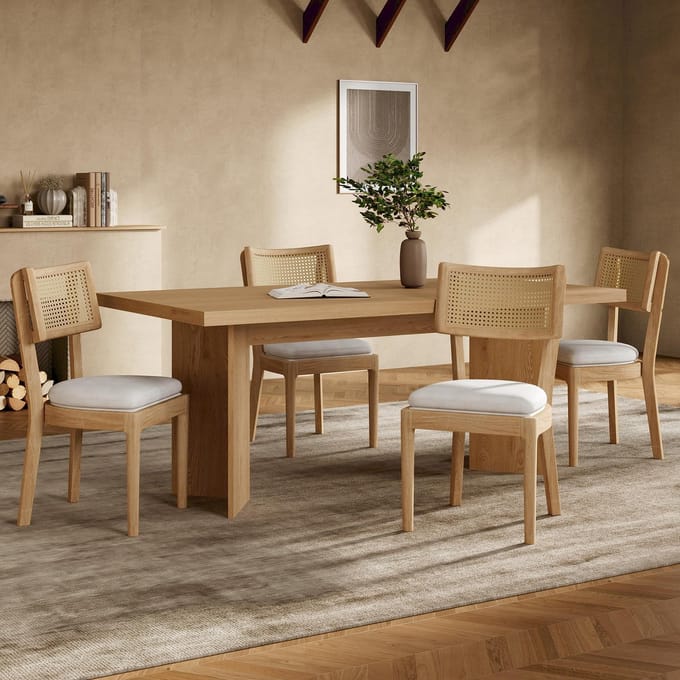 MODFU Eetkamerstoel set van 4, massief hout met rattan rugleuning, linnen kussen, modern en natuurlijk