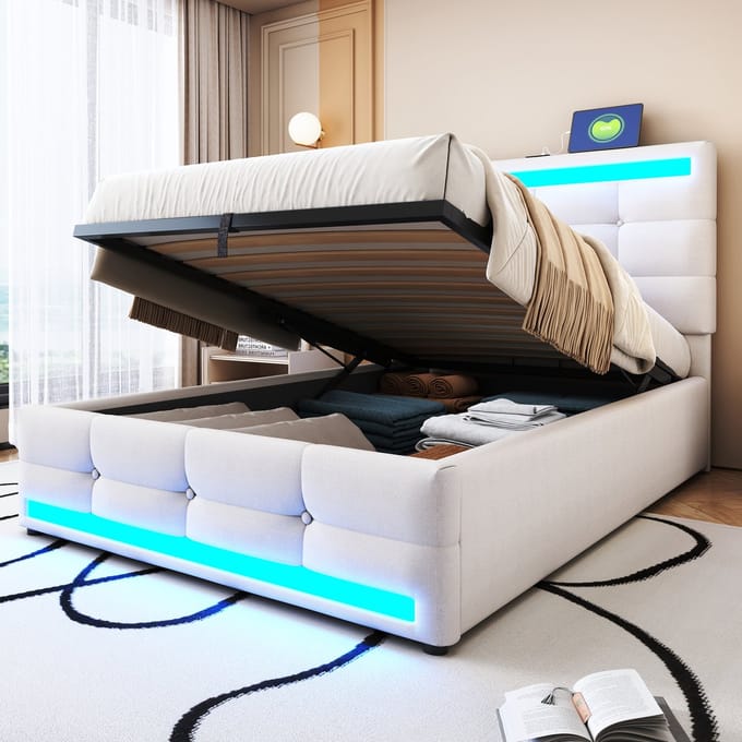 MODFU Bedframe 90x200 cm – Linnenlook met RGB LED (app) & verstelbaar hoofdbord – Beige
