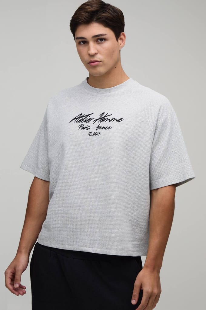 Oversized Embroidered Waffle Raglan T-Shirt | Grey | Size Small