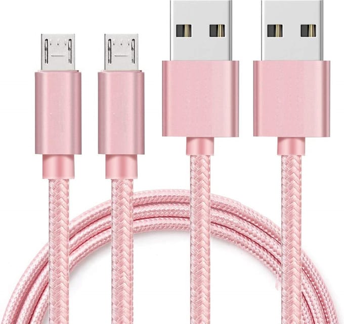2x Micro USB naar USB A Nylon Gevlochten Kabel Roze - 1 meter - Oplaadkabel voor Samsung Galaxy NOTE 3 LITE / NOTE 2 / NOTE 1