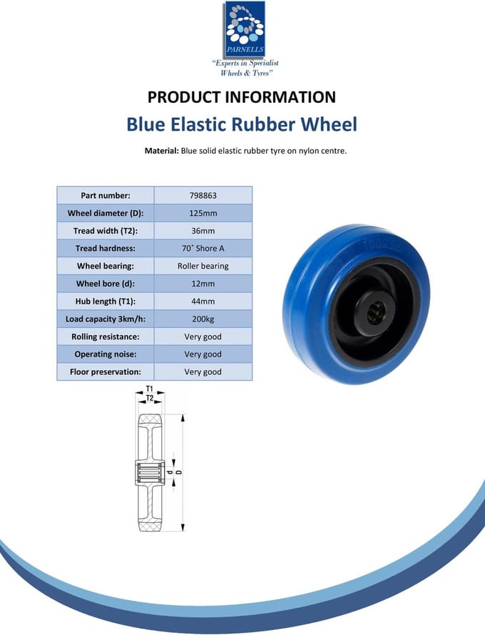 Wiel van 125 mm met blauw elastisch rubber op een nylon kern