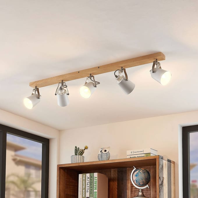 Lindby - plafondlamp - 5lichts - metaal, hout - H: 15.8 cm - E14 - hout, wit mat