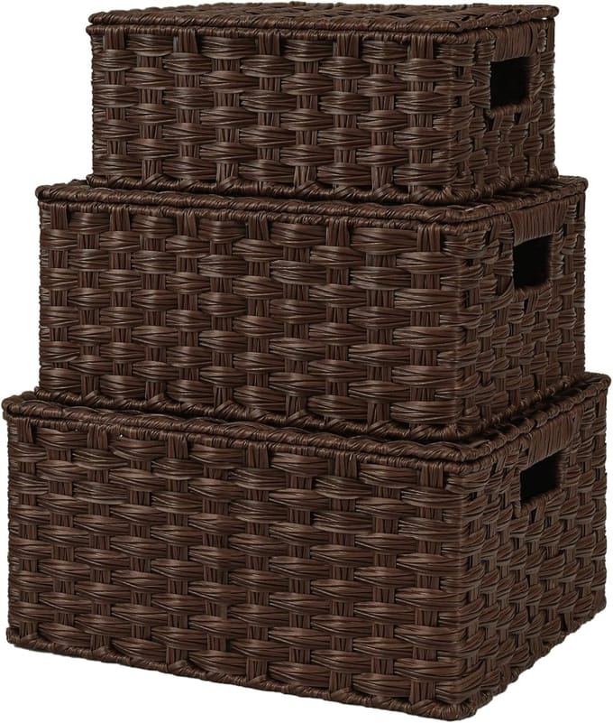 Set van 3 stapelbare rieten manden met deksel voor opberging