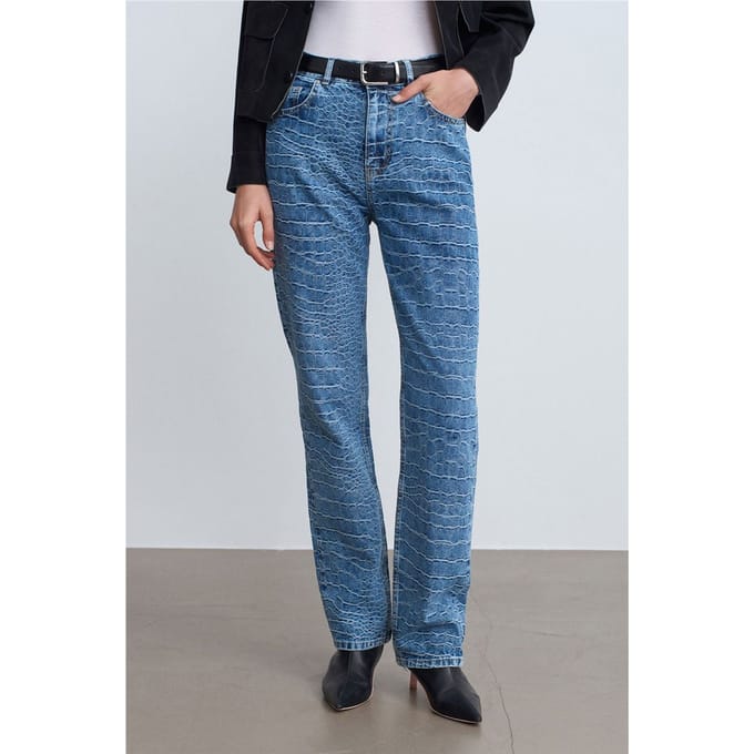 Hoge Taille Rechte Jeans met Textuur