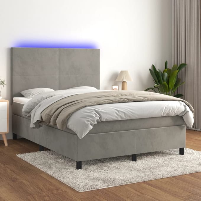 vidaXL - Boxspring - met - matras - en - LED - fluweel - lichtgrijs - 140x200 - cm