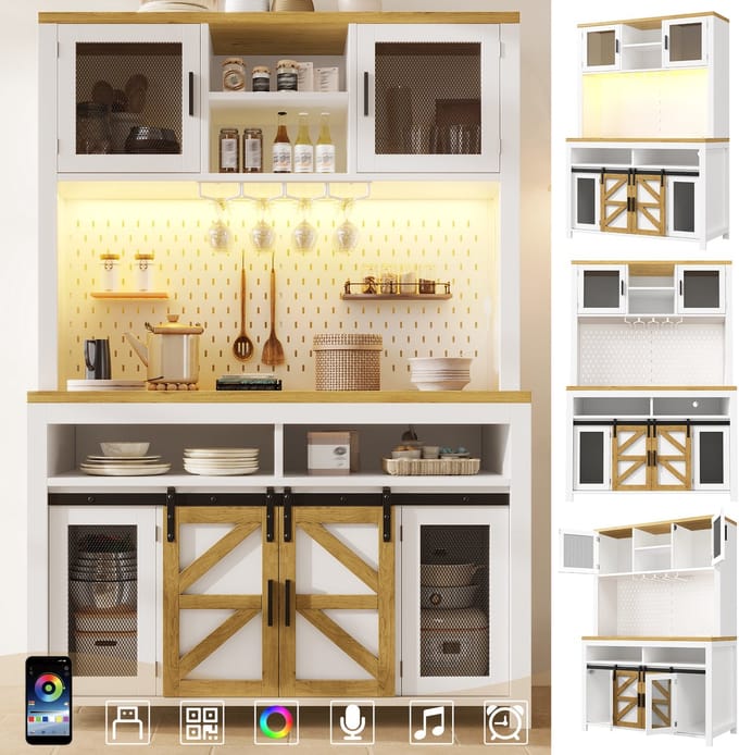 Keukenkast - Hoge Kast met USB-Aansluiting en LED Verlichting - Multifunctioneel met Groot Werkblad voor Keuken en Eetkamer - Wit