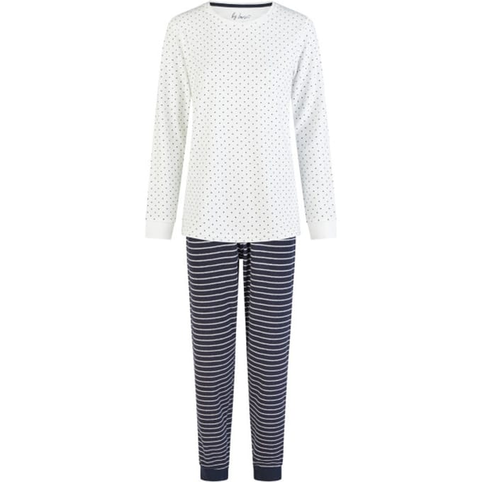 By Louise Dames Winter Pyjama Set Lang Badstof Wit/Donkerblauw Gestreept - Maat S