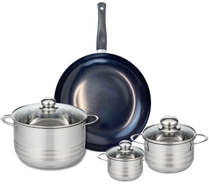 Set van 1 Koekenpan 32 cm en 3 kookpotten 12, 16 en 24 cm Elo Prima Glanzend