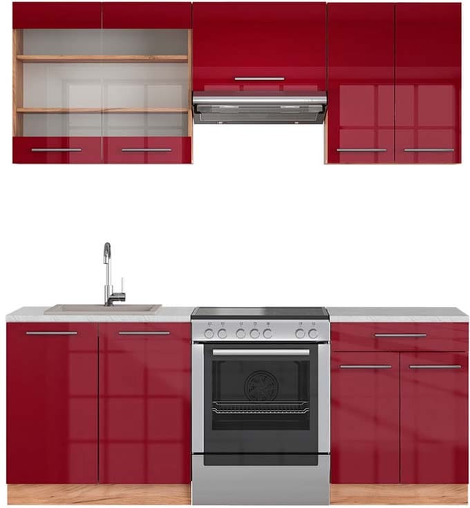 Vicco Fame-Line Complete keukeneenheid – 200 cm, WB Marmer Bordeaux hoogglans/gouden eik