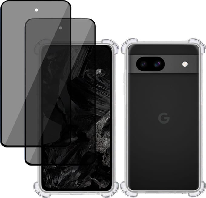 Hoesje + 2x Privé Screenprotector geschikt voor Google Pixel 8a – Privacy Tempered Glass - Case Transparant