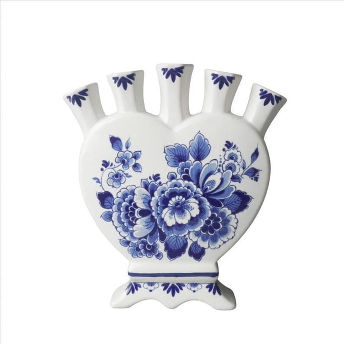 Heinen Delfts Blauw - Tulpenvaas - Hartvormig - Landschap en Bloemen - 18 cm