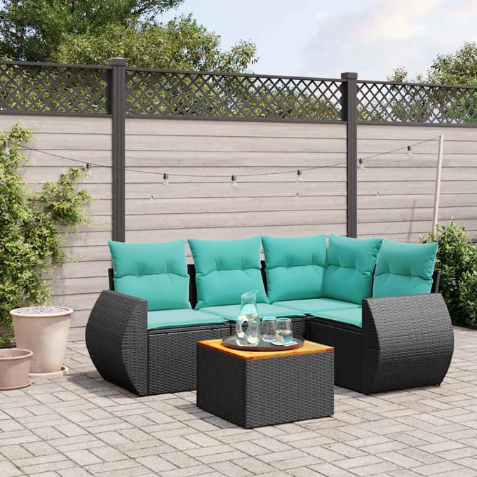 vidaXL - 5-delige - tuinbankset - met - kussens - van - zwart - polyrotan