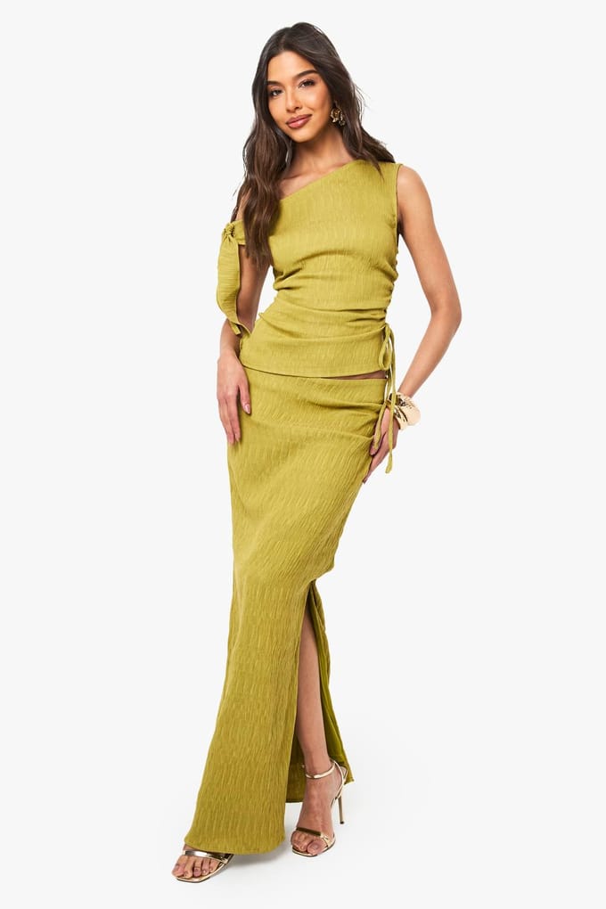 boohoo Dames Top met textuur, geraffelde details en een strikband | Olive | Maat: 8