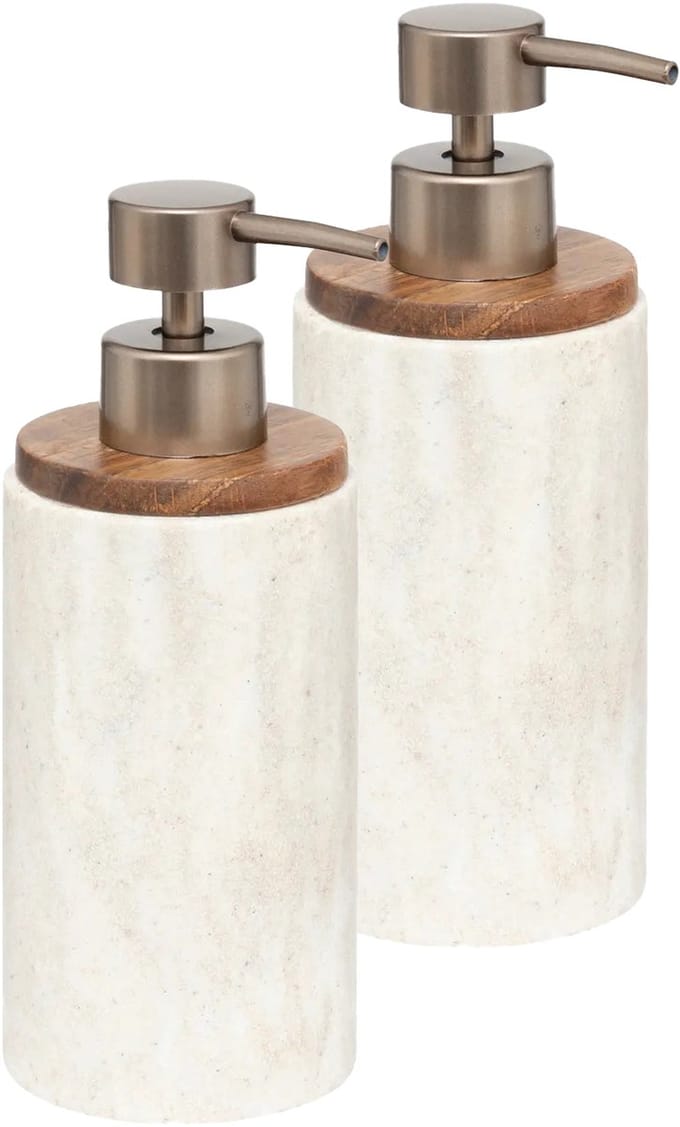 5Five Zeeppompje/dispenser Como Marble - 2x - kunststeen - wit - 7 x 19 cm - 300 ml - badkamer/keuken accessoires